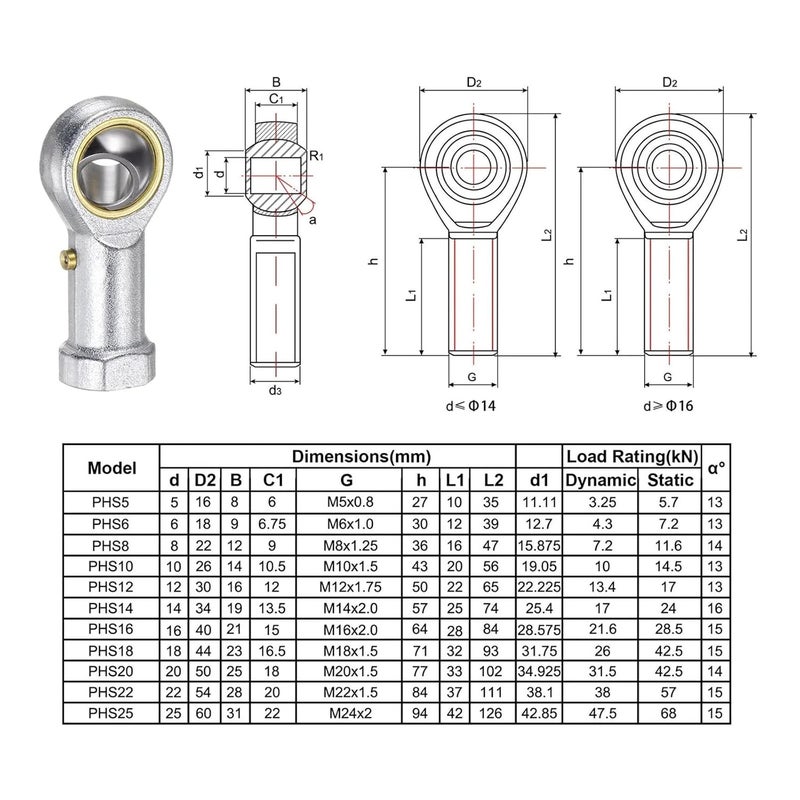 POSB4 45mm محمل نهاية قضيب بفتحة ملولبة يمينية مع صامولة تثبيت 35mm إلى 79mm ذكر وأنثى - Image 5